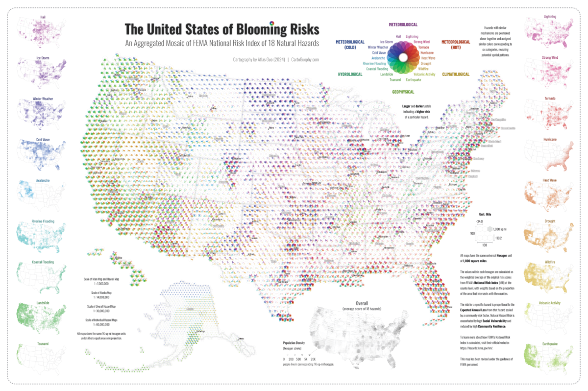 Map/Poster: United States of Blooming Risks: An Aggregated Mosaic of FEMA National Risk Index of 18 Natural Hazards by Atlas Guo